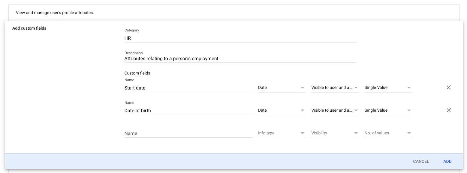 Google Admin console: Add custom fields dialog with an HR category containing Start date and Date of birth fields of type Date