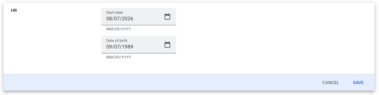 Google Admin console: a user's HR section with Start date and Date of birth values being entered
